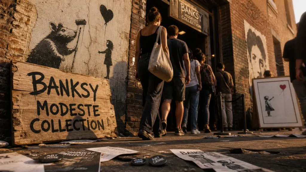 banksy bordeaux 2025 : Banksy Modeste Collection à Bacalan, visiteurs devant un mur tagué