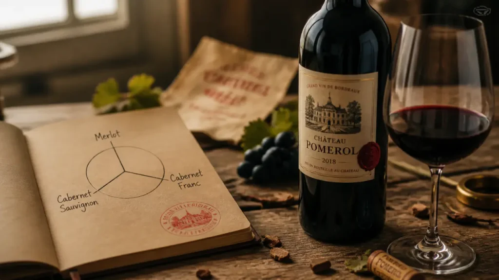 Bordeaux cepage : assemblage Merlot, Cabernet Sauvignon, Cabernet Franc sur table.