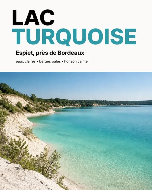 Lac près de Bordeaux eau turquoise au lac des Terres Blanches à Espiet, eau claire et berges claires sous un ciel bleu