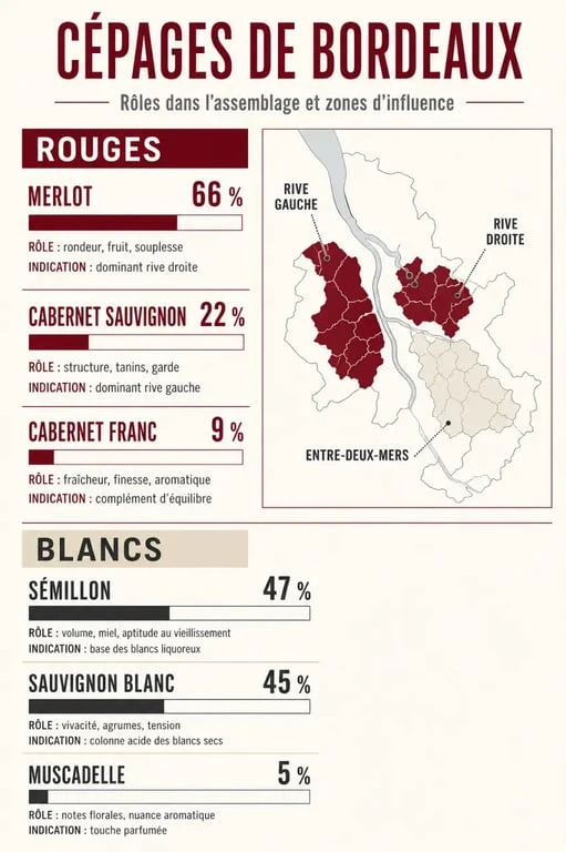 bordeaux cepage : infographie comparative des cépages rouges et blancs de Bordeaux et de leur rôle dans l’assemblage