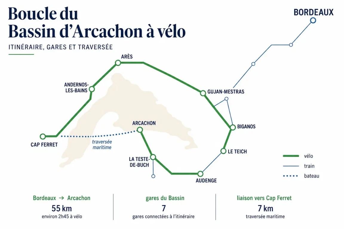 Tour bassin arcachon velo : visualisation du parcours entre train, bateau et gares autour du Bassin
