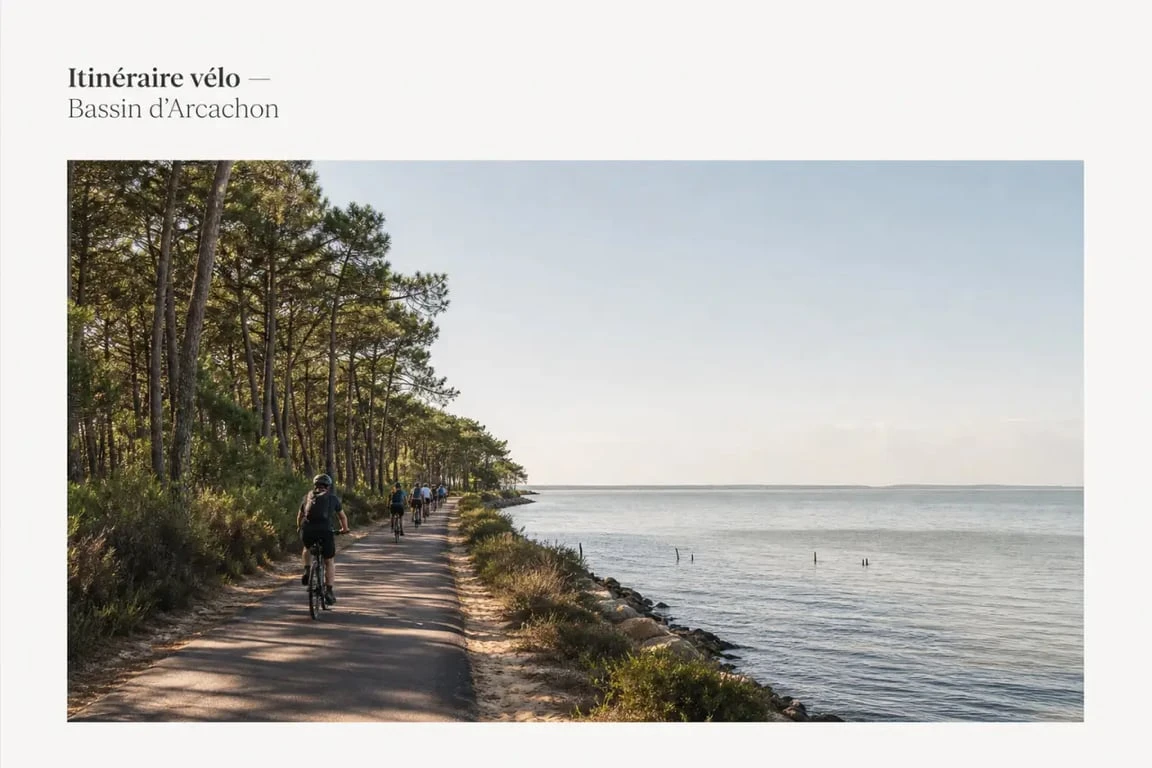 Tour bassin arcachon velo : cyclistes sur une piste au bord du Bassin d’Arcachon entre pins et eau calme