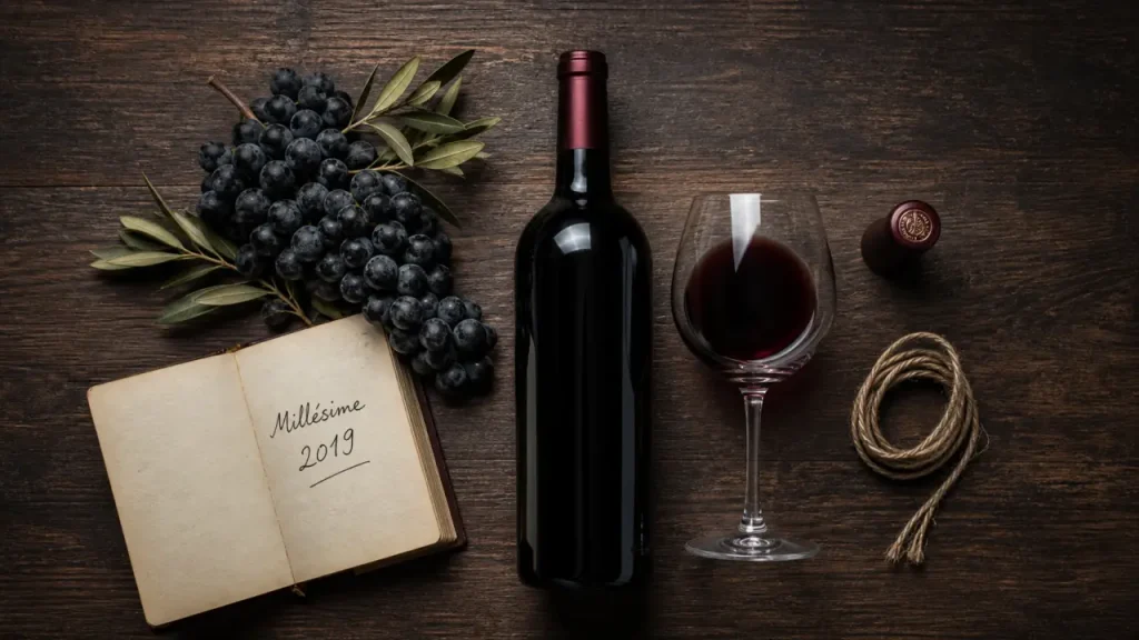 Millésime vin Bordeaux pour cave de garde, bouteille et carnet 2019