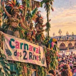 Carnaval bordeaux 2025 : char sur le Pont de Pierre, foule masquée
