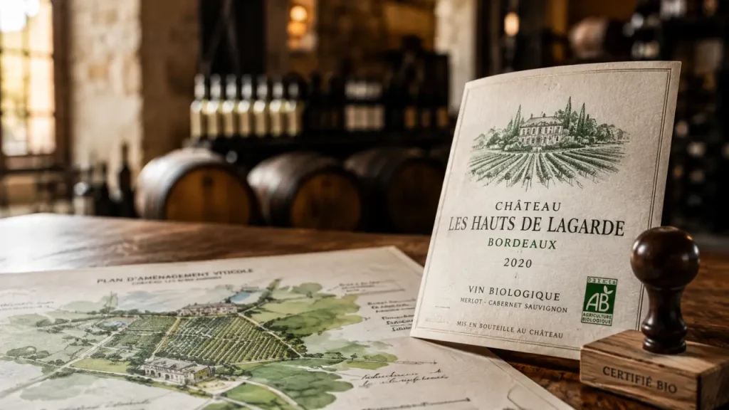 Chateau vin bio bordeaux : étiquette certifiée bio sur table en bois