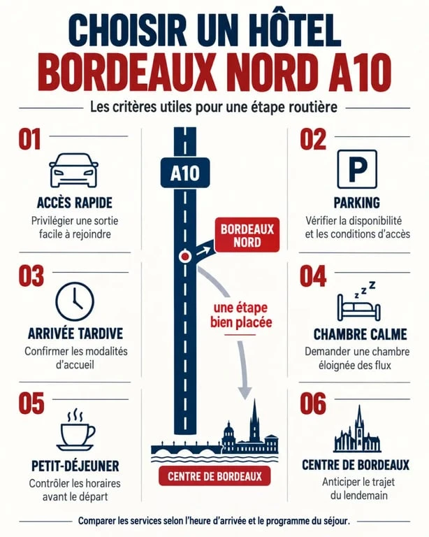 Infographie pour choisir un hôtel Bordeaux Nord A10 selon l’accès, le parking et le confort de l’étape