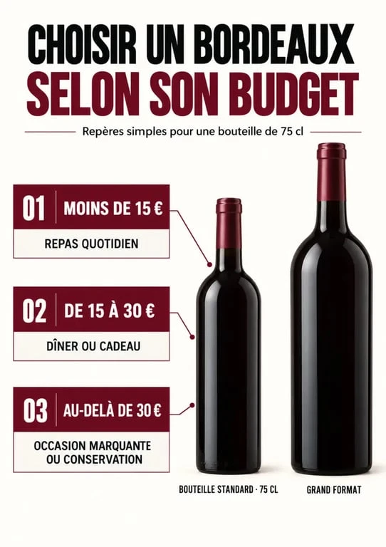 Infographie pour choisir une bouteille de Bordeaux selon le budget, l’usage et le format