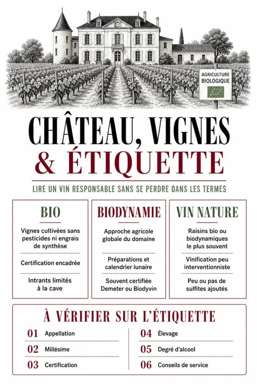 chateau vin bio bordeaux : infographie éditoriale sur les labels bio, biodynamie, vin nature et les infos à vérifier sur l’étiquette