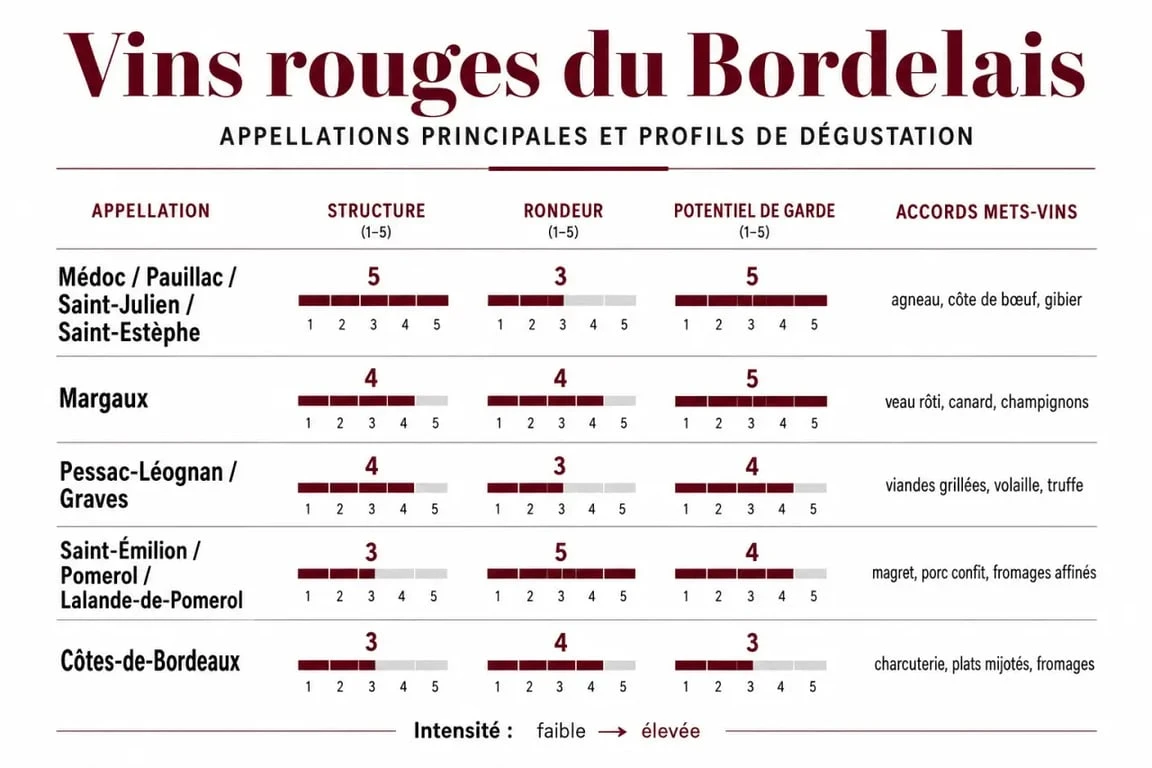 Vin rouge du Bordelais : visualisation des principales appellations, styles et accords mets-vins