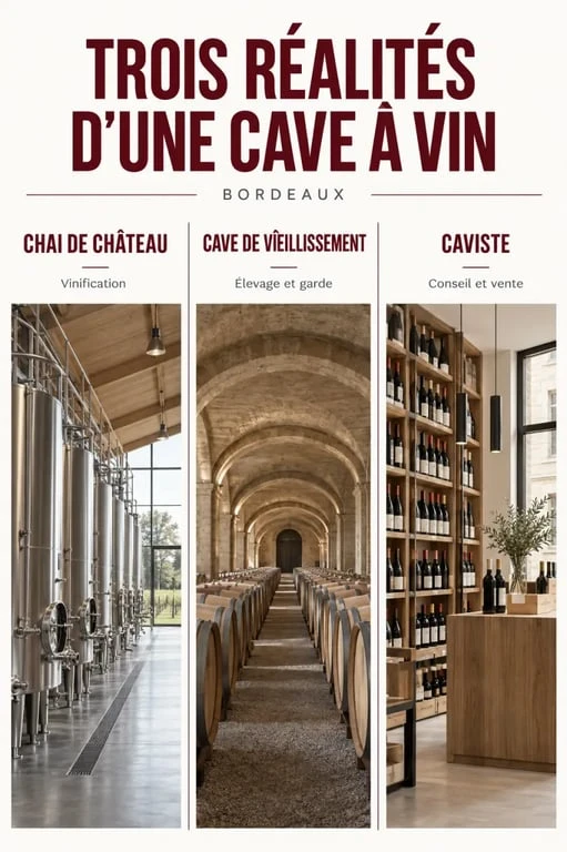Infographie sur les différents types de cave à vin à Bordeaux : chai, cave de vieillissement et caviste