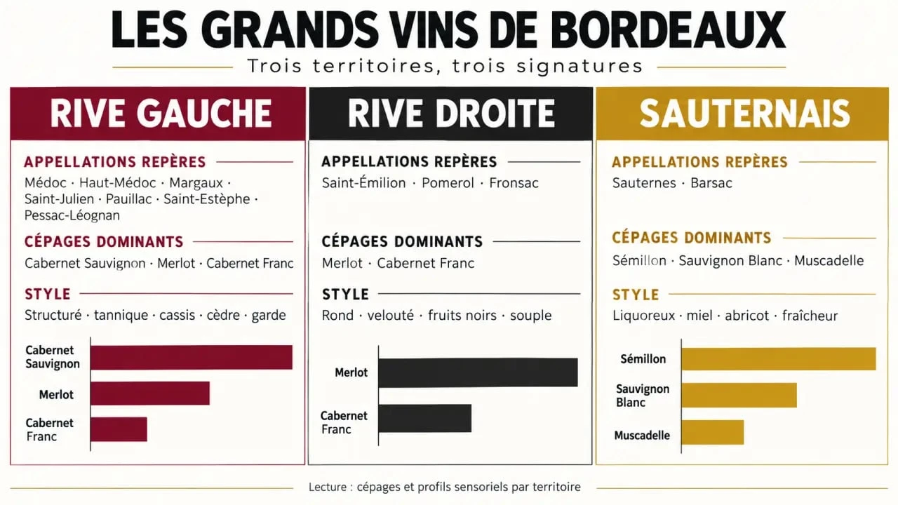 Grand vin de Bordeaux : comparaison visuelle entre rive gauche, rive droite et Sauternais