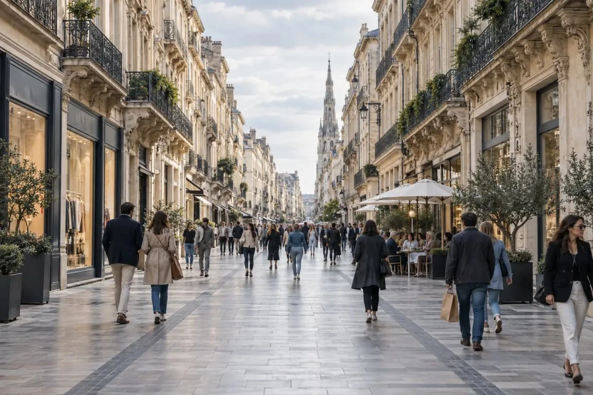 Rue piétonne de Bordeaux, la rue Sainte-Catherine bordée de commerces
