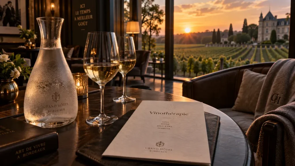 Hotel luxe Bordeaux : intérieur hôtel, table et vue vignes