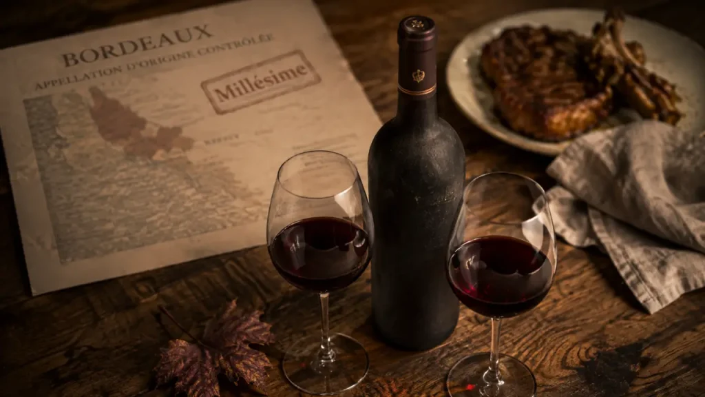 Vin rouge du bordelais : bouteille et verres tulipe