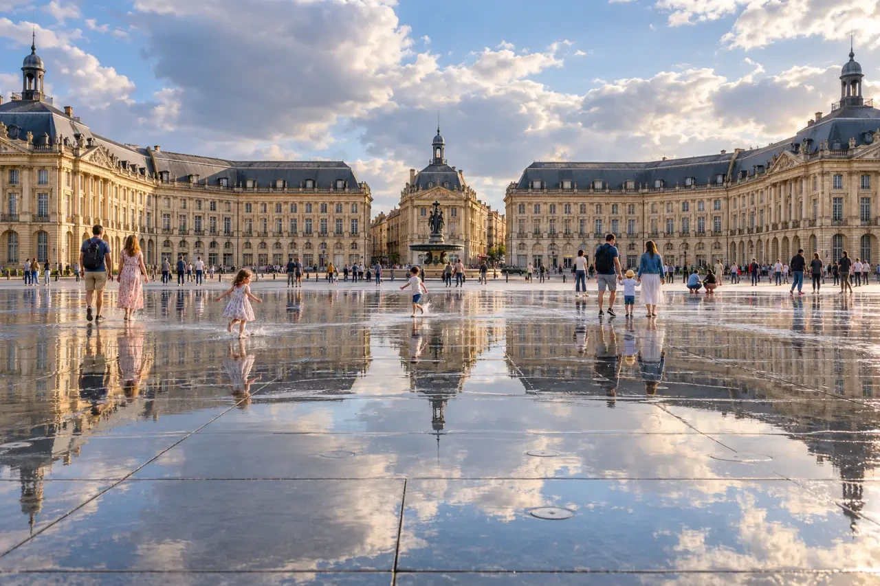 Visiter Bordeaux aux vacances de Pâques, place de la Bourse et Miroir d’eau au printemps