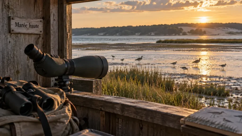 oiseaux bassin arcachon à marée haute, observatoire sur vasières