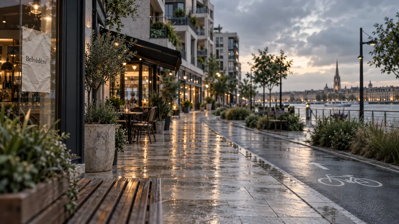 Quartier belvedere bordeaux : quai urbain, piste cyclable et façades modernes